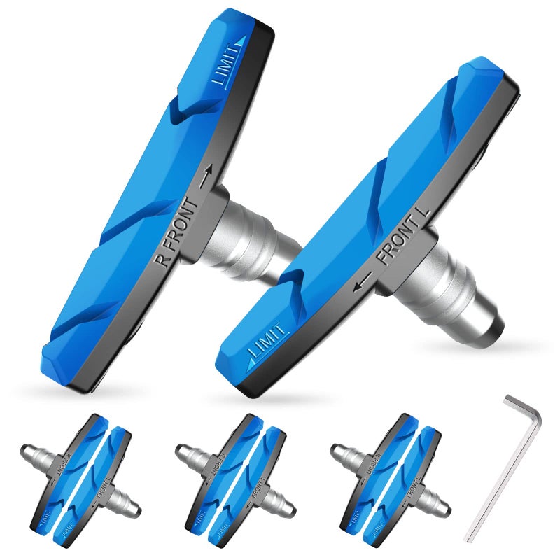 Alritz Bike Brake Pads Set, 6 PCS Road Mountain Bicycle V-Brake Blocks Shoes with Hex Nut and Shims, No Noise No Skid, 70mm, for Front and Back Wheel (Blue) - Image 1